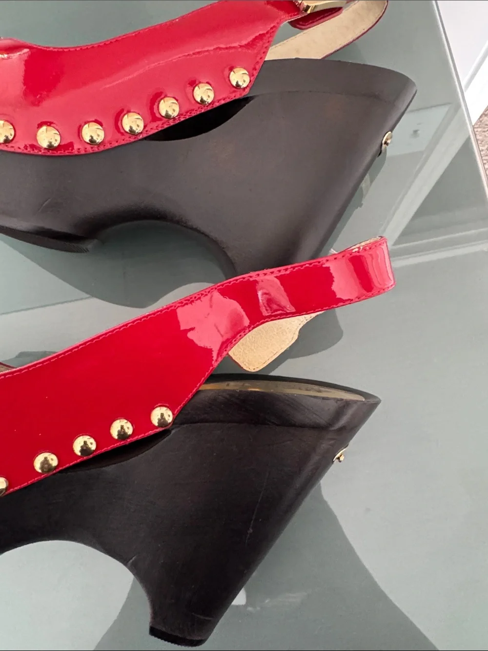 Michael Kors Red Patent Leather Open-Toe Slingback Heels with Gold MK Accent